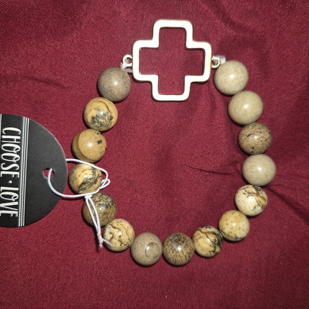 Heavy SandStone Beaded Bracelet with Cross Charm